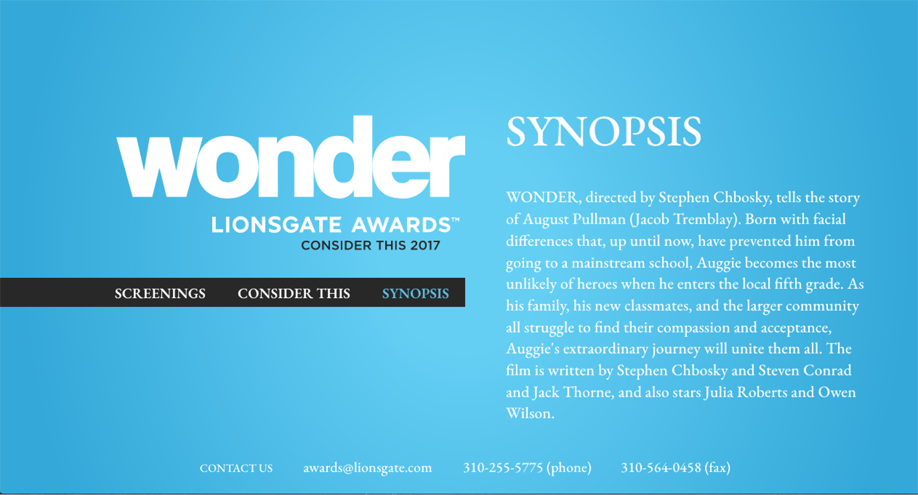 For Your Consideration 2017: Liongate’s “Wonder”